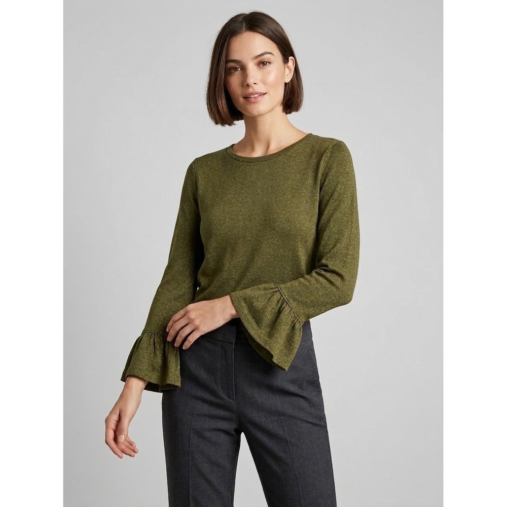 NWT J.Crew Olive Green Gold Metallic Sparkle Ruffle Cuff Knit Top Size M